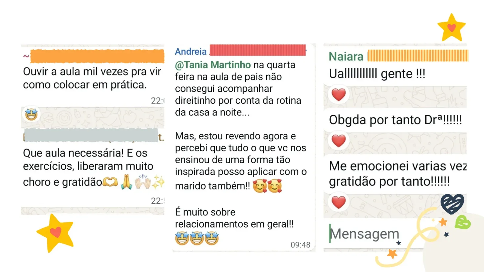 Depoimentos de participantes do workshop Criando Filhos 1